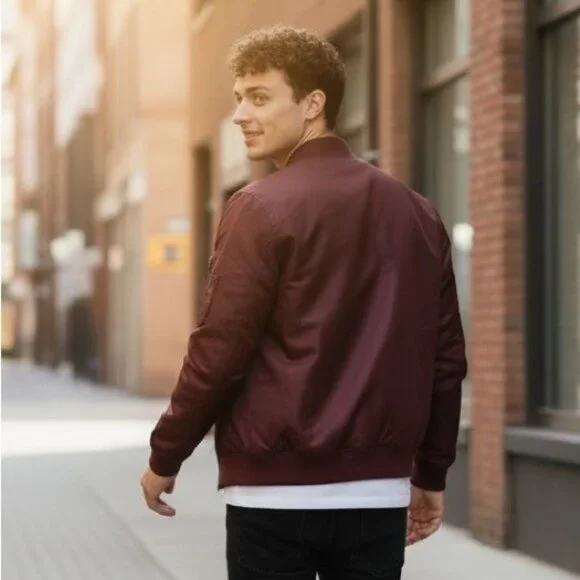 🌻NEW w/tag Label Go-To Bomber Jacket Marron Nylon Zip Front Long Sleeve Size L - Picture 2 of 9